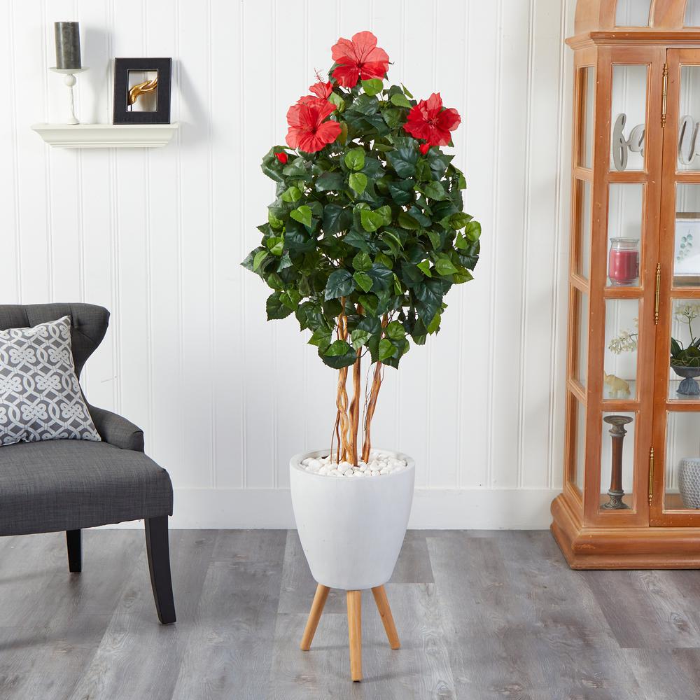 58in. Hibiscus Artificial Tree in White Planter with Stand. Picture 3