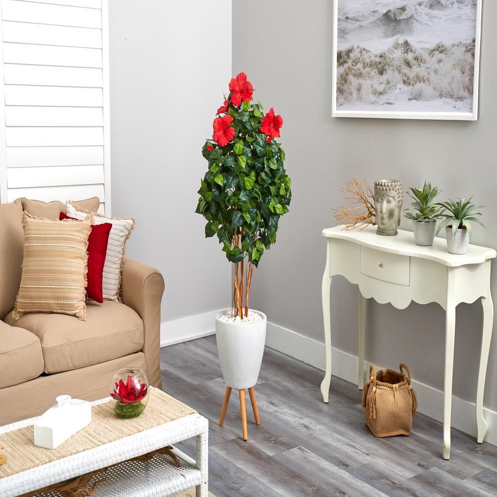 58in. Hibiscus Artificial Tree in White Planter with Stand. Picture 4