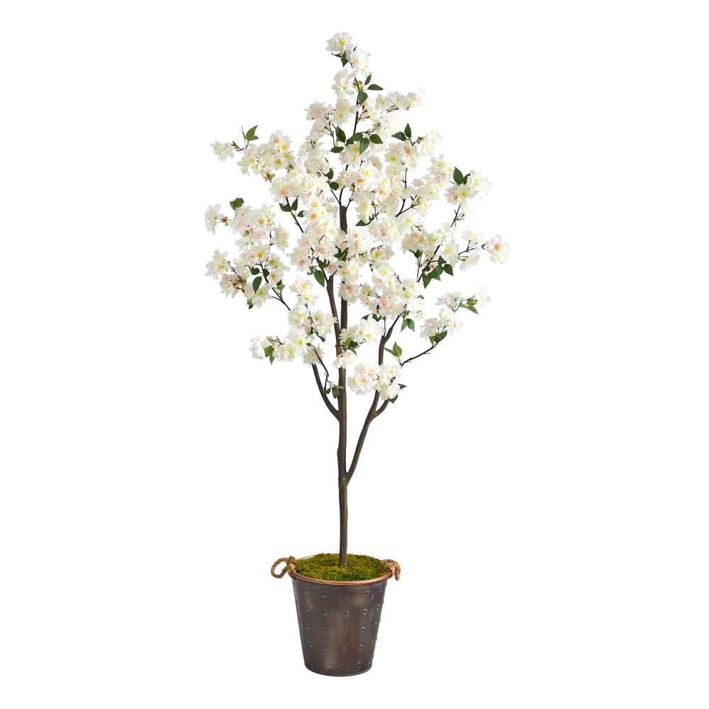 6ft. Cherry Blossom Artificial Tree in Decorative Metal Pail with Rope. Picture 1