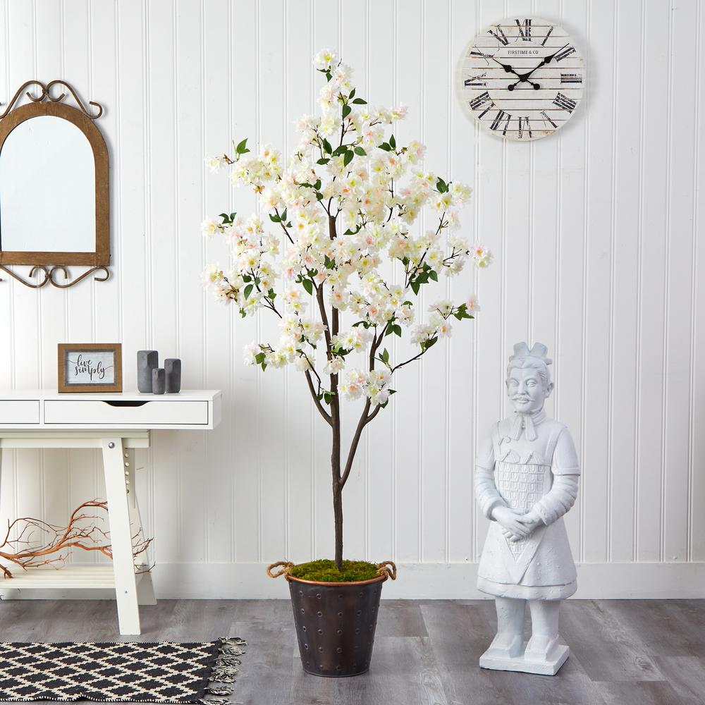 6ft. Cherry Blossom Artificial Tree in Decorative Metal Pail with Rope. Picture 4