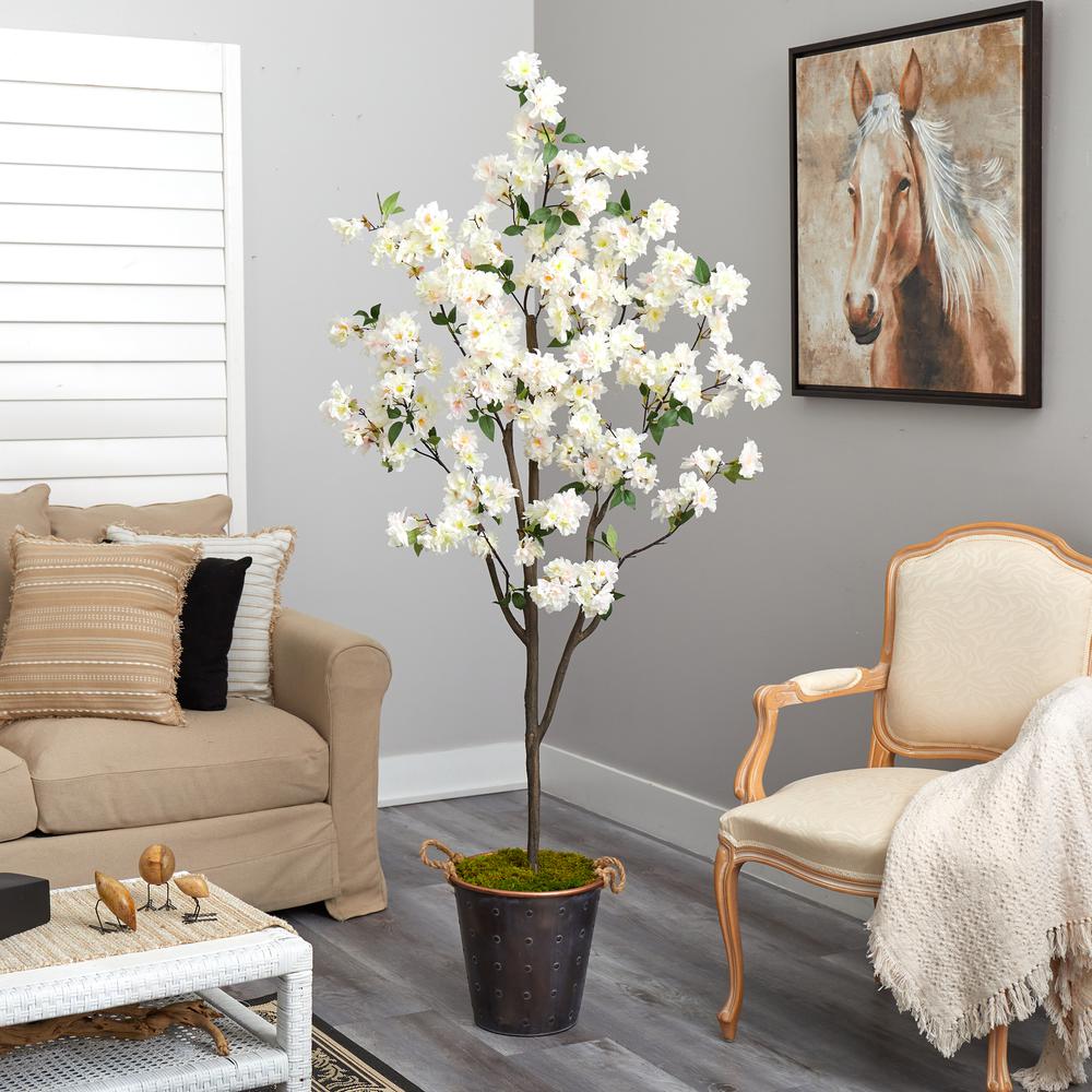 6ft. Cherry Blossom Artificial Tree in Decorative Metal Pail with Rope. Picture 3