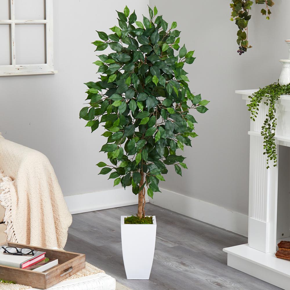 4.5ft. Ficus Artificial Tree in White Metal Planter. Picture 2