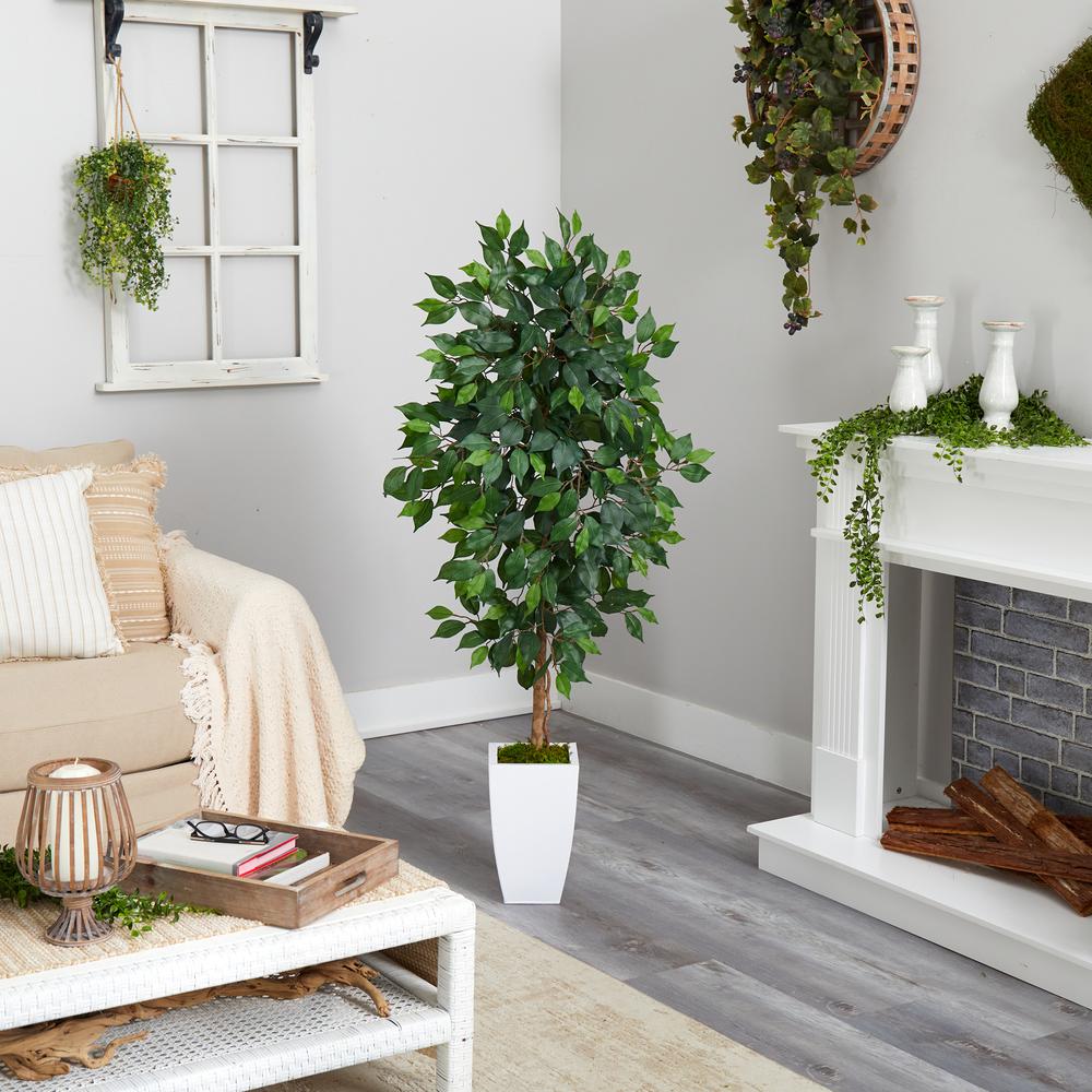 4.5ft. Ficus Artificial Tree in White Metal Planter. Picture 4