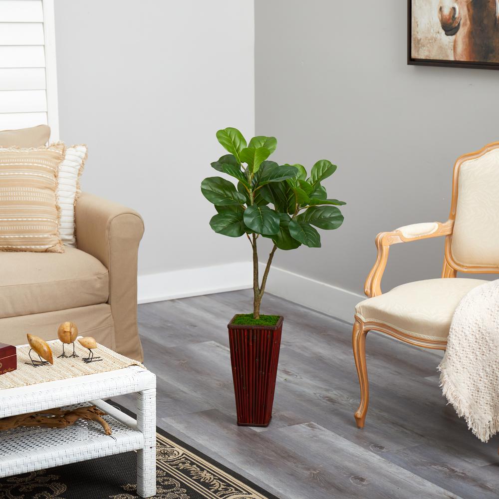 39in. Fiddle Leaf Fig Artificial Tree in Bamboo Planter. Picture 4