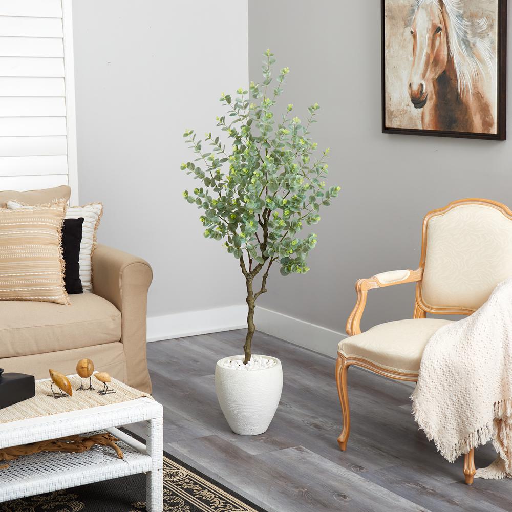 63in. Eucalyptus Artificial Tree in White Planter. Picture 4