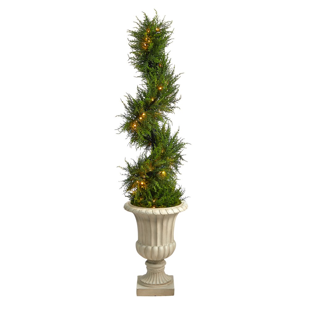 5ft. Spiral Cypress Tree in Sand Finished Urn with 80 LEDs (Indoor/Outdoor). Picture 1