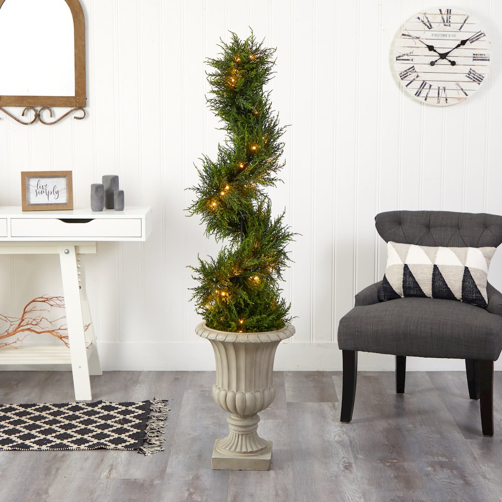 5ft. Spiral Cypress Tree in Sand Finished Urn with 80 LEDs (Indoor/Outdoor). Picture 4