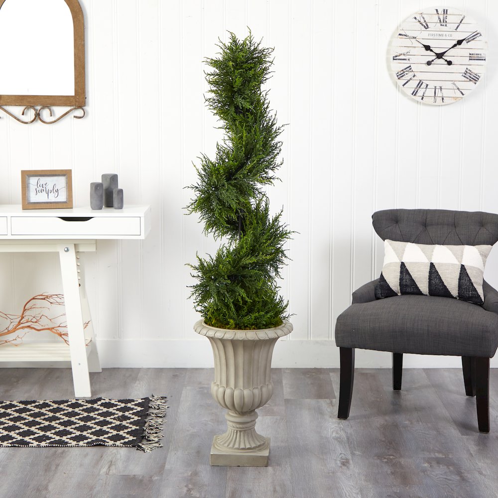 5ft. Spiral Cypress Tree in Sand Finished Urn with 80 LEDs (Indoor/Outdoor). Picture 5