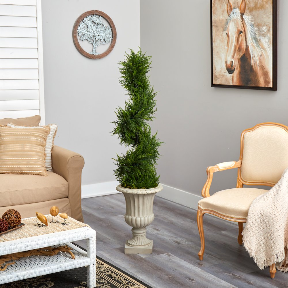 5ft. Spiral Cypress Tree in Sand Finished Urn with 80 LEDs (Indoor/Outdoor). Picture 7
