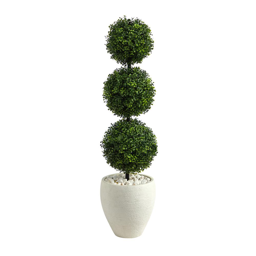 3.5ft. Boxwood Triple Ball Topiary Artificial Tree in White Planter (Indoor/Outdoor). Picture 1