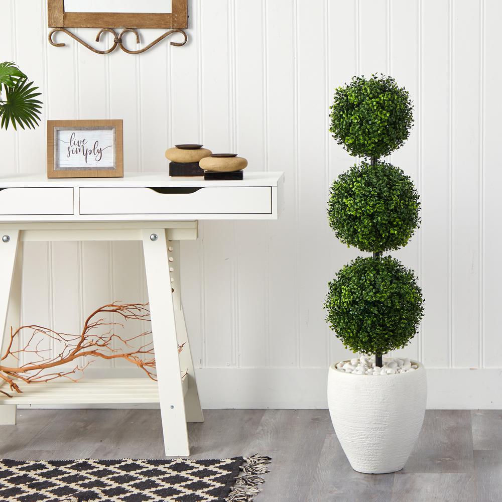 3.5ft. Boxwood Triple Ball Topiary Artificial Tree in White Planter (Indoor/Outdoor). Picture 3