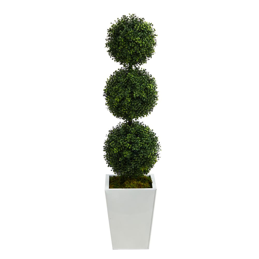 46in. Boxwood Triple Ball Topiary Artificial Tree in White Metal Planter (Indoor/Outdoor). Picture 1