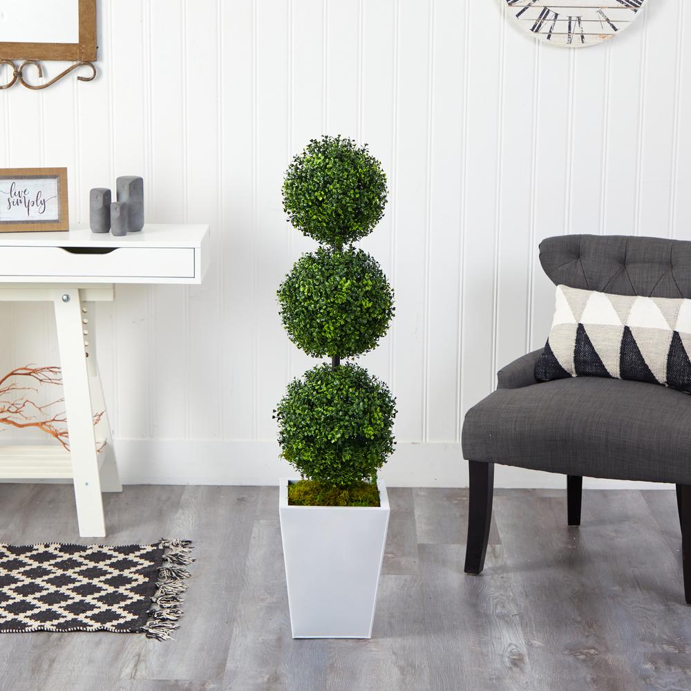 46in. Boxwood Triple Ball Topiary Artificial Tree in White Metal Planter (Indoor/Outdoor). Picture 4