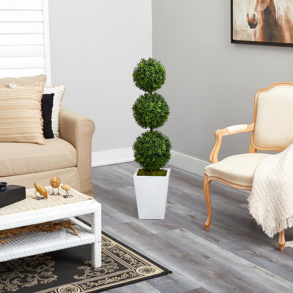46in. Boxwood Triple Ball Topiary Artificial Tree in White Metal Planter (Indoor/Outdoor). Picture 3