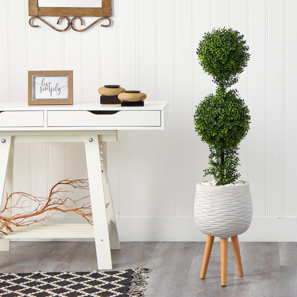 4ft. Boxwood Double Ball Topiary Artificial Tree in White Planter with Stand. Picture 3