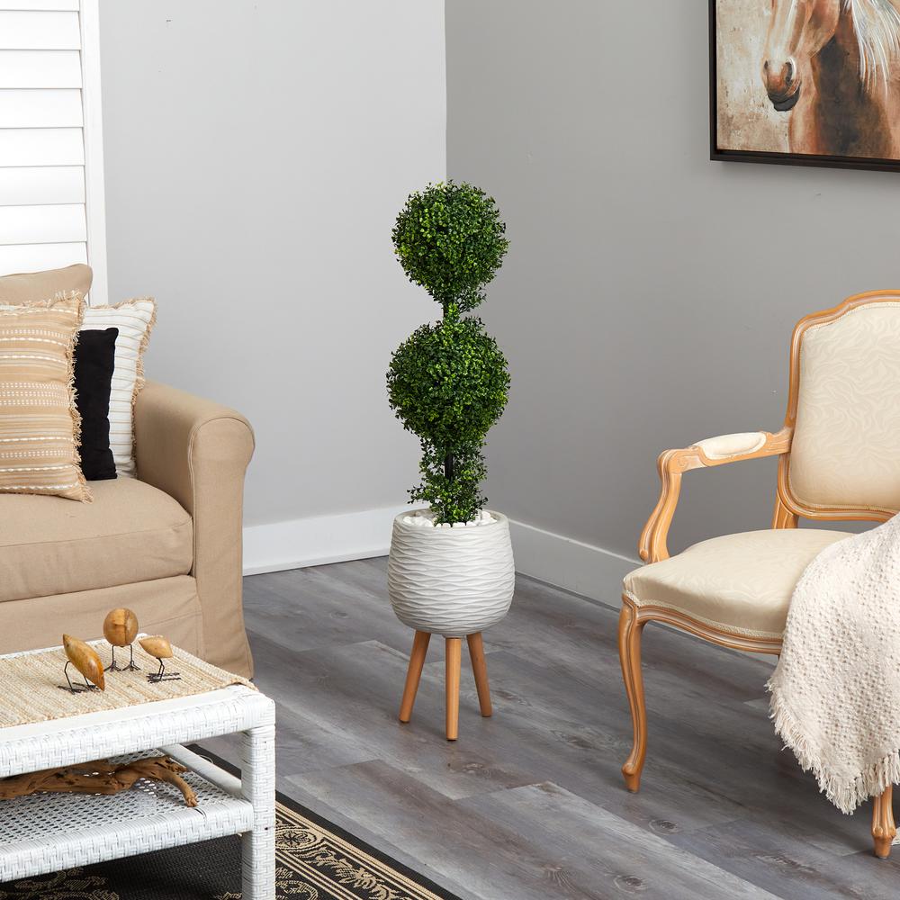 4ft. Boxwood Double Ball Topiary Artificial Tree in White Planter with Stand. Picture 4