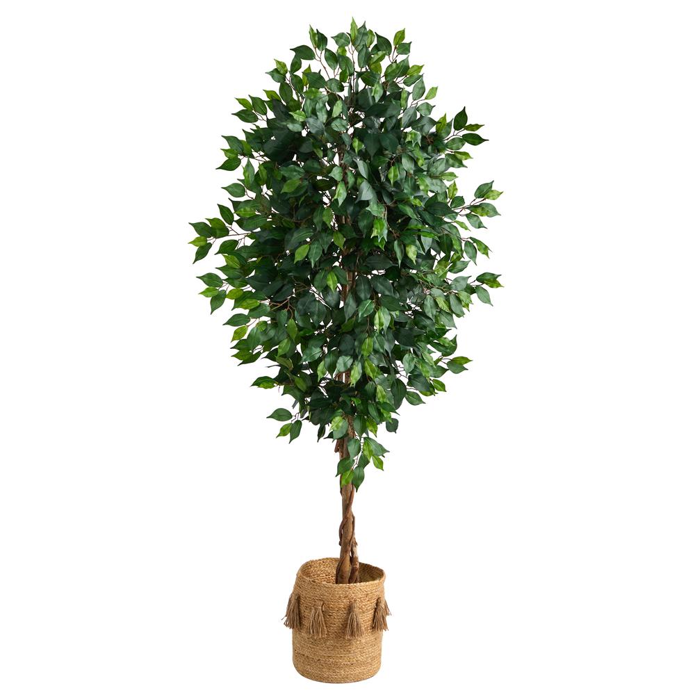 6ft. Ficus Artificial Tree with Natural Trunk in Handmade Natural Jute Planter. Picture 1