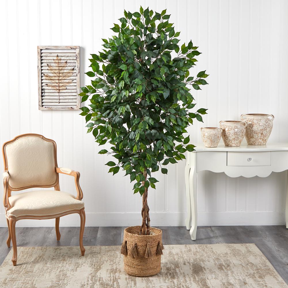 6ft. Ficus Artificial Tree with Natural Trunk in Handmade Natural Jute Planter. Picture 3