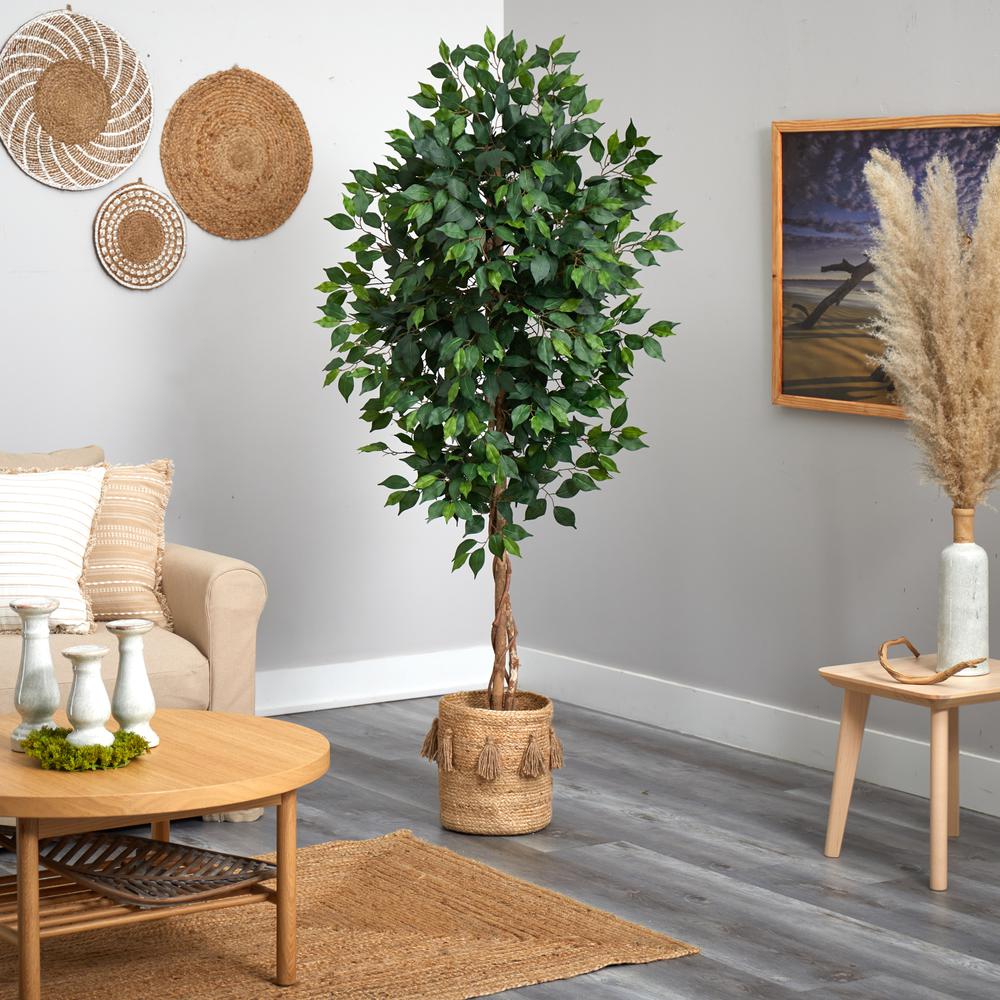 6ft. Ficus Artificial Tree with Natural Trunk in Handmade Natural Jute Planter. Picture 4