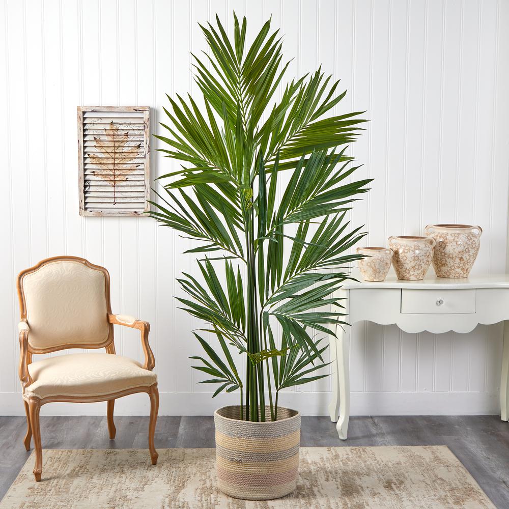 Kentia Artificial Palm in Handmade Natural Cotton Multicolored Woven Planter. Picture 3