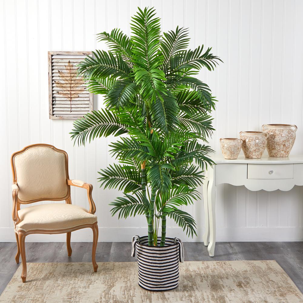 6ft. Curvy Parlor Artificial Palm Tree in Handmade Black and White Natural Jute. Picture 3