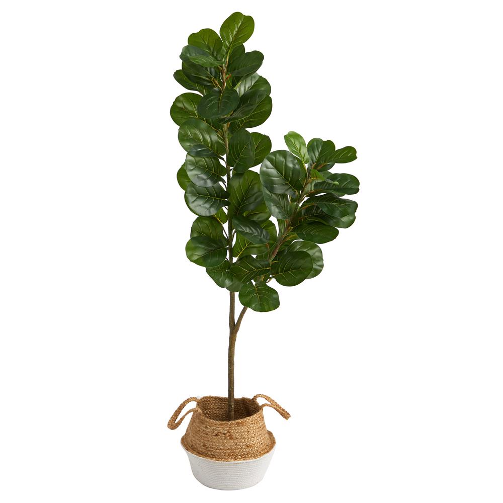 4.5ft. Fiddle Leaf Fig Artificial Tree with Boho Chic Handmade Cotton & Jute White Woven Planter. Picture 1