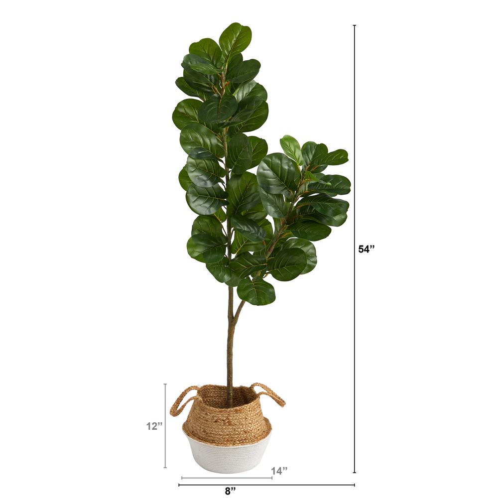 4.5ft. Fiddle Leaf Fig Artificial Tree with Boho Chic Handmade Cotton & Jute White Woven Planter. Picture 3