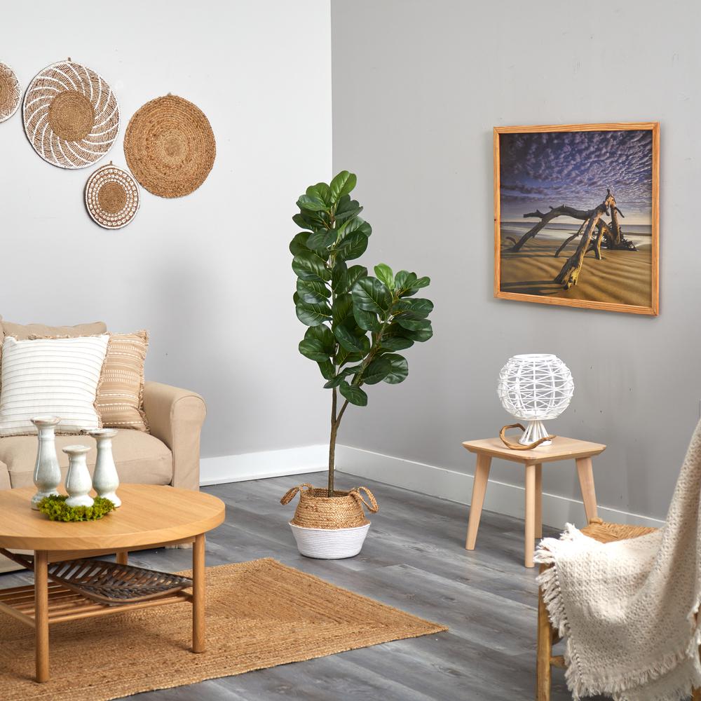 4.5ft. Fiddle Leaf Fig Artificial Tree with Boho Chic Handmade Cotton & Jute White Woven Planter. Picture 4