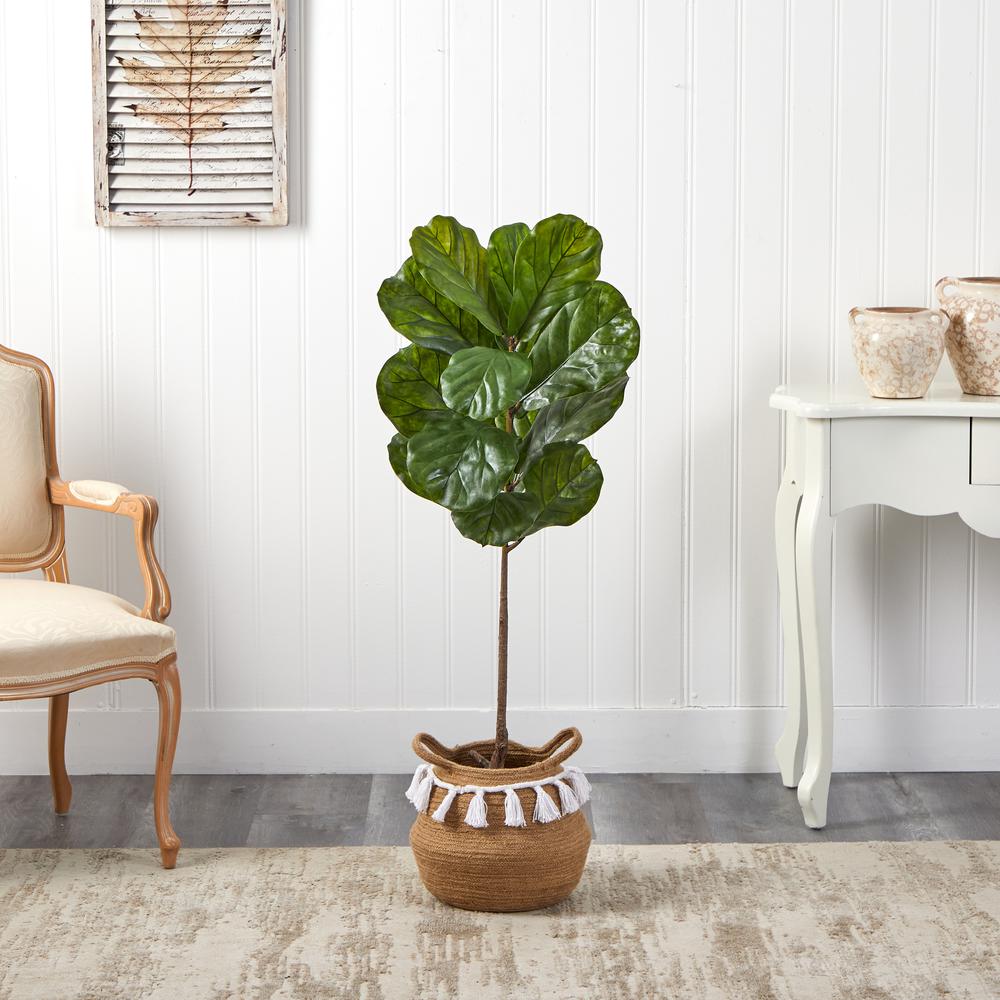 Fiddle Leaf Artificial Tree in Boho Chic Handmade Natural Cotton Woven Planter. Picture 3
