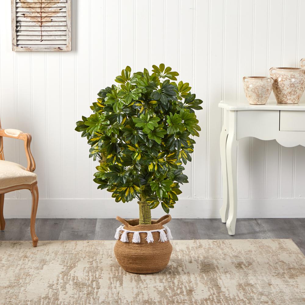 Schefflera Artificial Tree in Boho Chic Handmade Natural Cotton Woven Planter. Picture 3