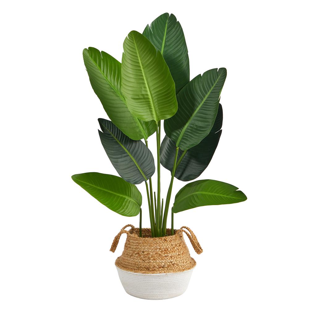 4ft. Travelers Palm Artificial Tree in Boho Chic Handmade Cotton & Jute White Woven Planter. Picture 2