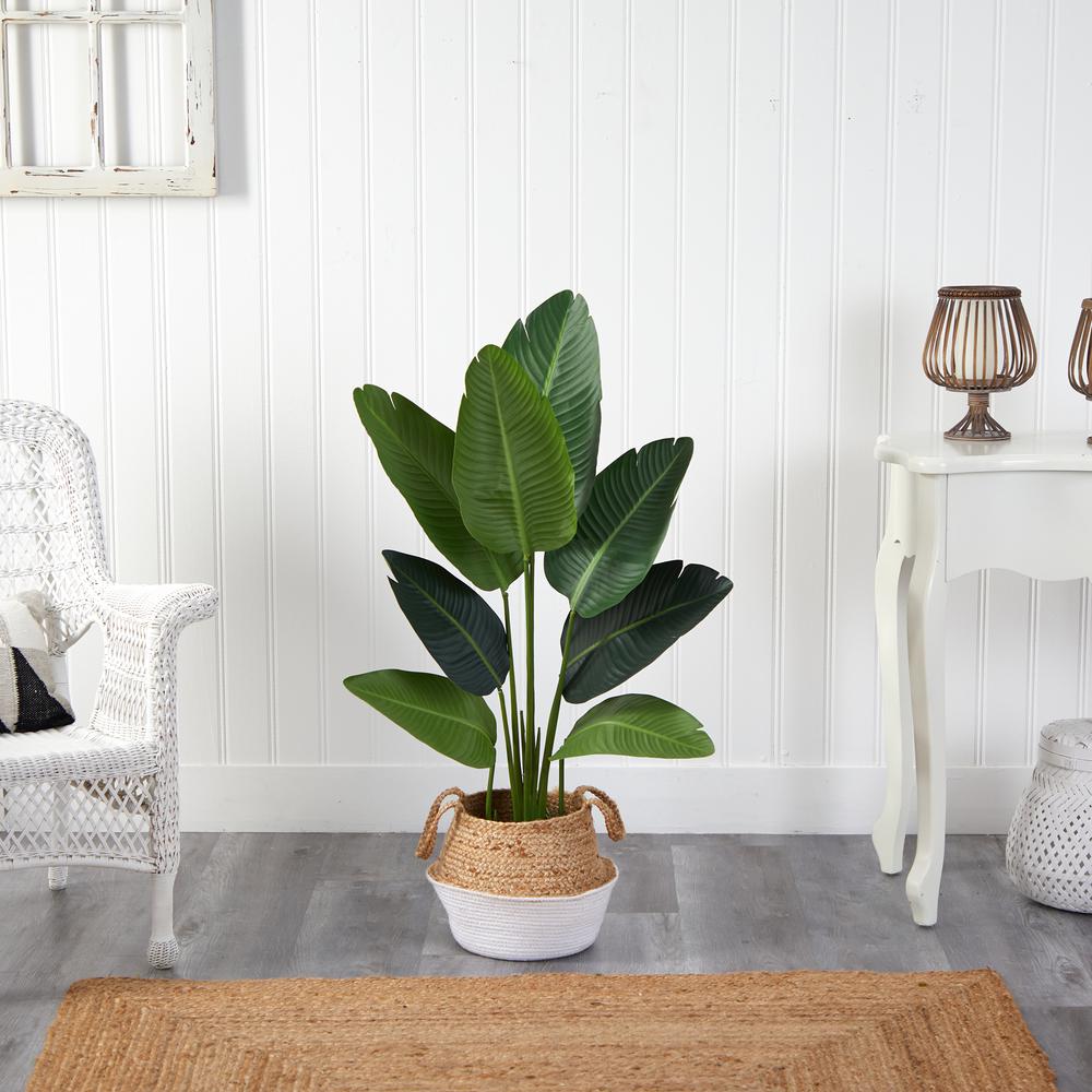 4ft. Travelers Palm Artificial Tree in Boho Chic Handmade Cotton & Jute White Woven Planter. Picture 4