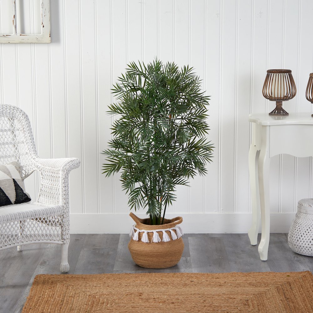 4ft. Parlor Palm Tree in Boho Chic Natural Cotton Woven Planter with Tassels. Picture 3