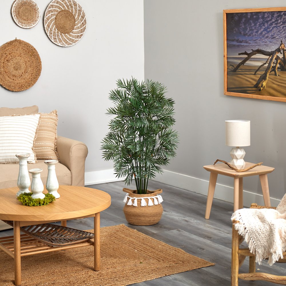 4ft. Parlor Palm Tree in Boho Chic Natural Cotton Woven Planter with Tassels. Picture 4