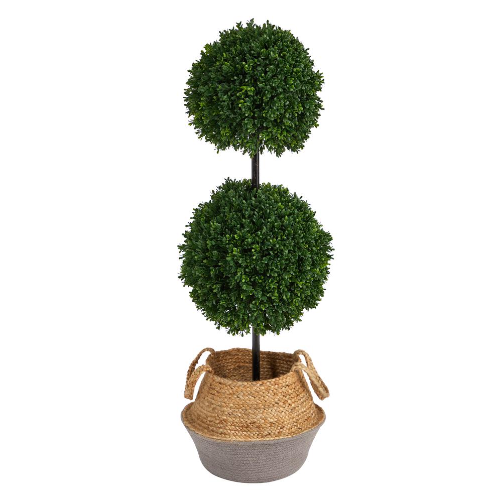 3.5ft. Boxwood Double Ball Artificial Topiary Tree in Boho Chic Handmade Cotton. Picture 2