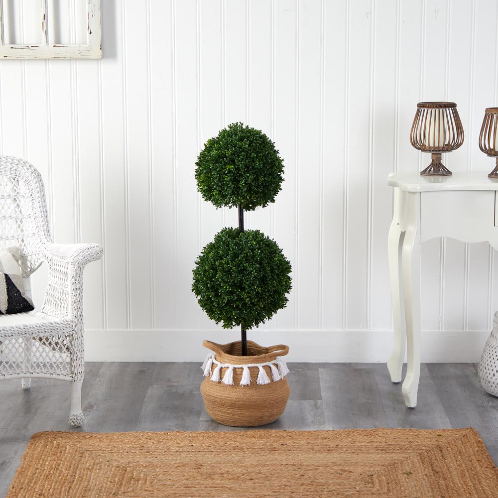 Boxwood Double Ball Artificial Topiary Tree in Boho Chic Handmade Planter. Picture 3
