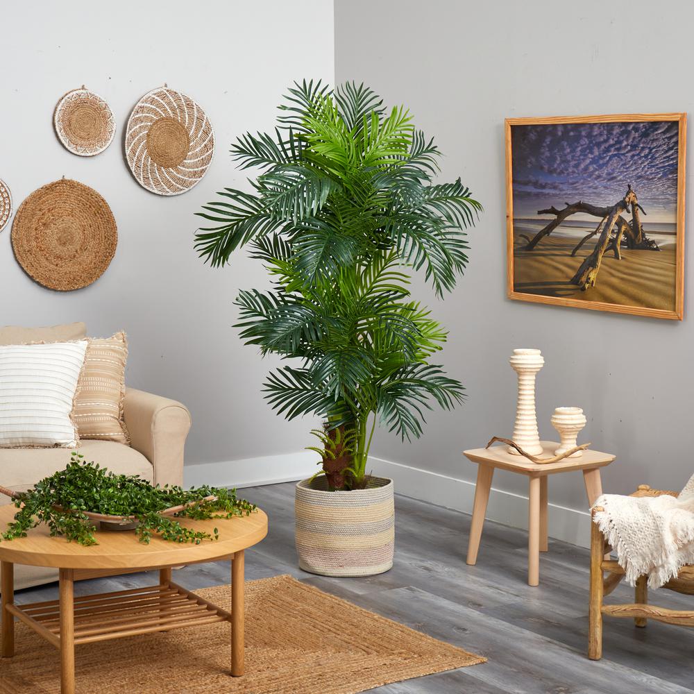 6ft. Hawaii Artificial Palm Tree in Handmade Natural Cotton Multicolored Woven Planter. Picture 2