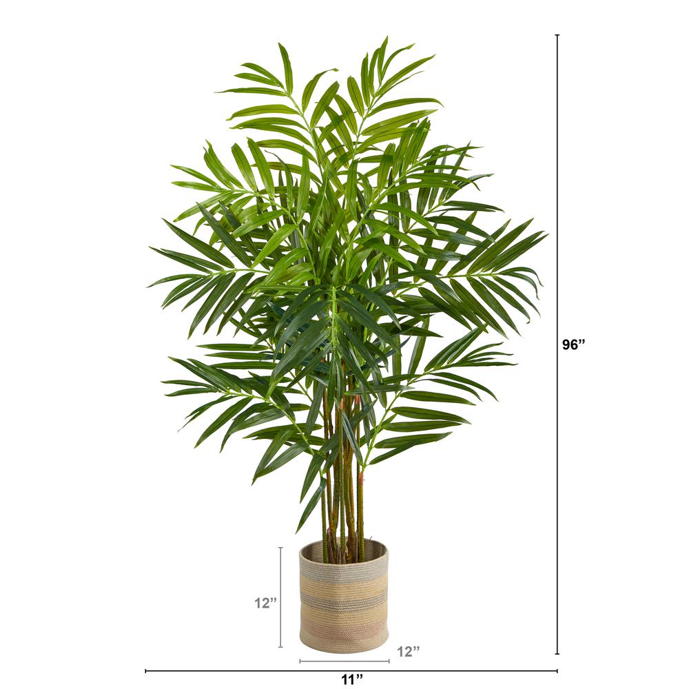 King Palm Artificial Tree in Handmade Natural Cotton Multicolored Woven Planter. Picture 2