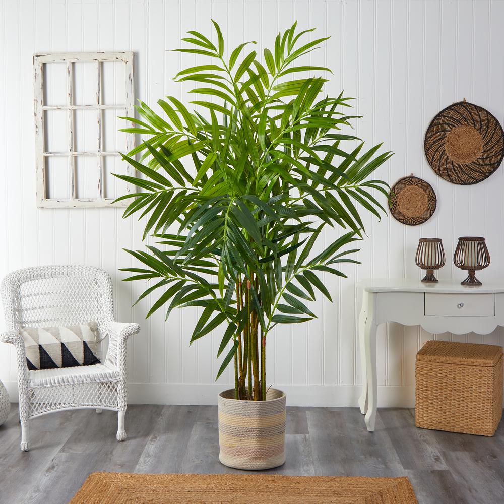 King Palm Artificial Tree in Handmade Natural Cotton Multicolored Woven Planter. Picture 3