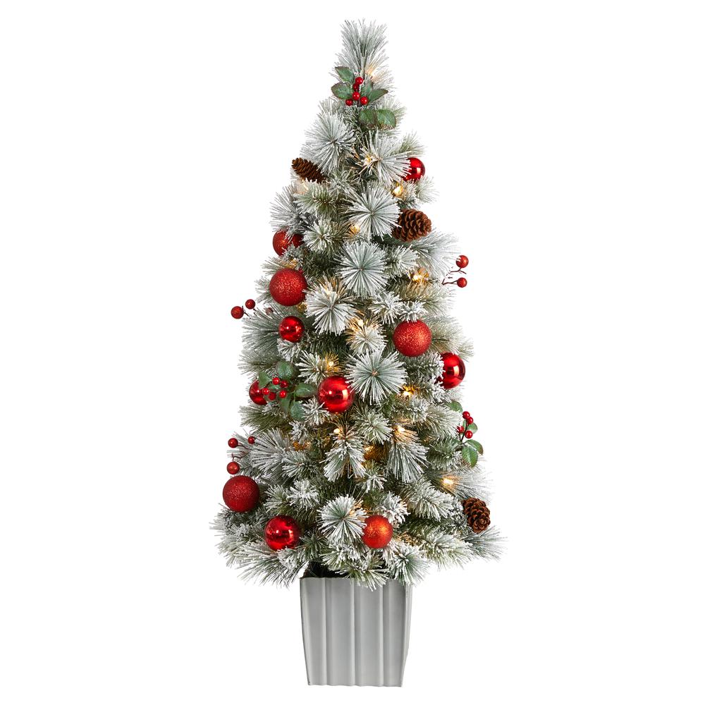 4ft. Winter Flocked Artificial Christmas Tree Pre-Lit with 50 LED Lights and Ornaments in Decorative Planter. Picture 1