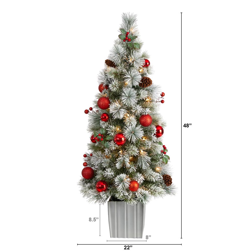 4ft. Winter Flocked Artificial Christmas Tree Pre-Lit with 50 LED Lights and Ornaments in Decorative Planter. Picture 2