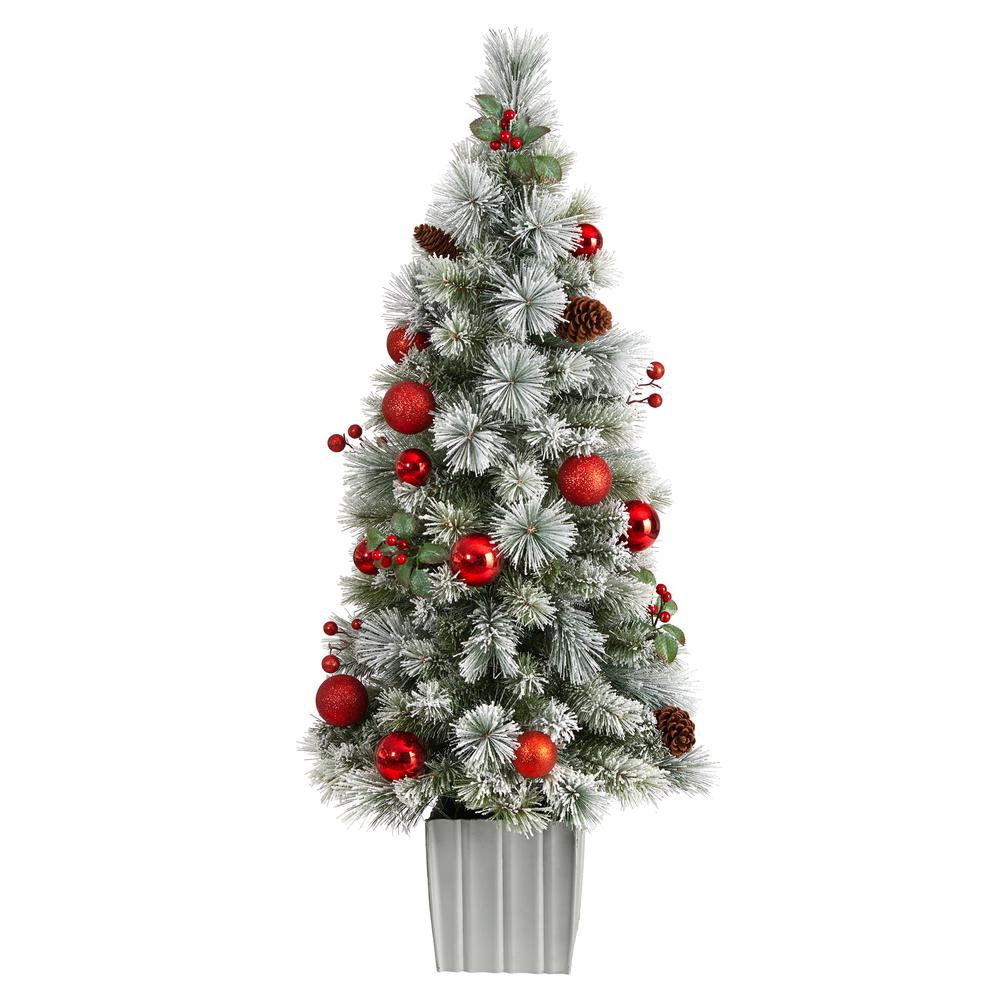4ft. Winter Flocked Artificial Christmas Tree Pre-Lit with 50 LED Lights and Ornaments in Decorative Planter. Picture 3