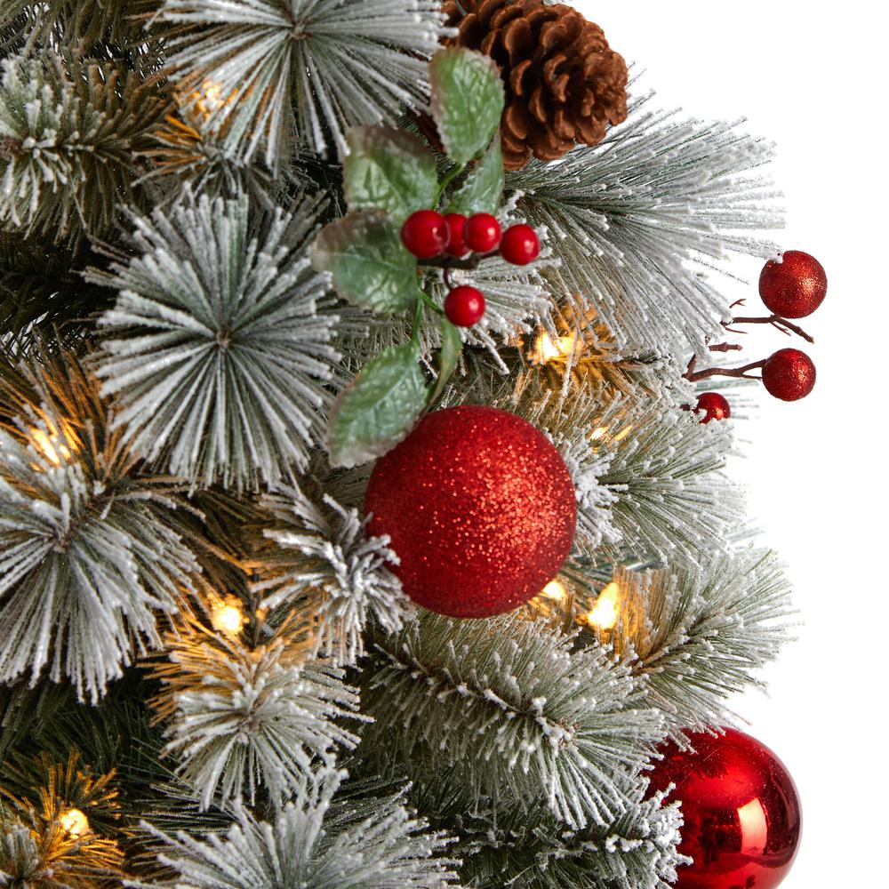 4ft. Winter Flocked Artificial Christmas Tree Pre-Lit with 50 LED Lights and Ornaments in Decorative Planter. Picture 4