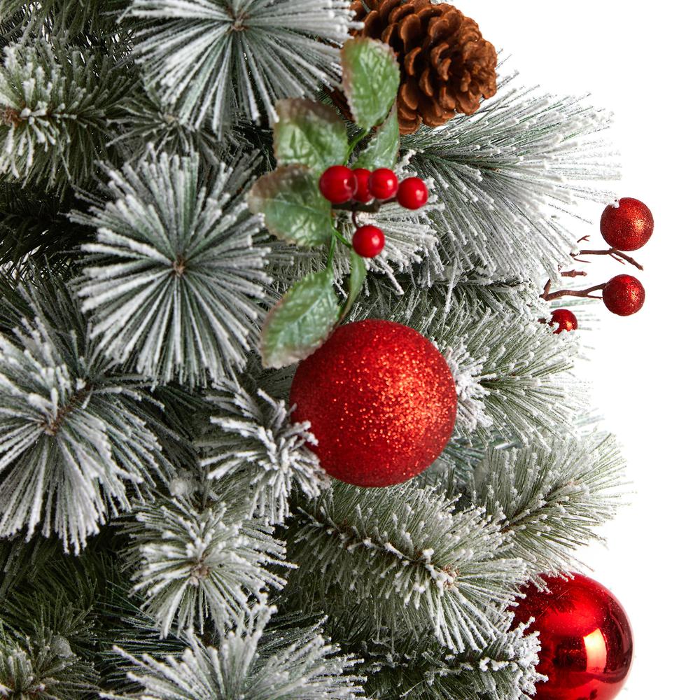 4ft. Winter Flocked Artificial Christmas Tree Pre-Lit with 50 LED Lights and Ornaments in Decorative Planter. Picture 5