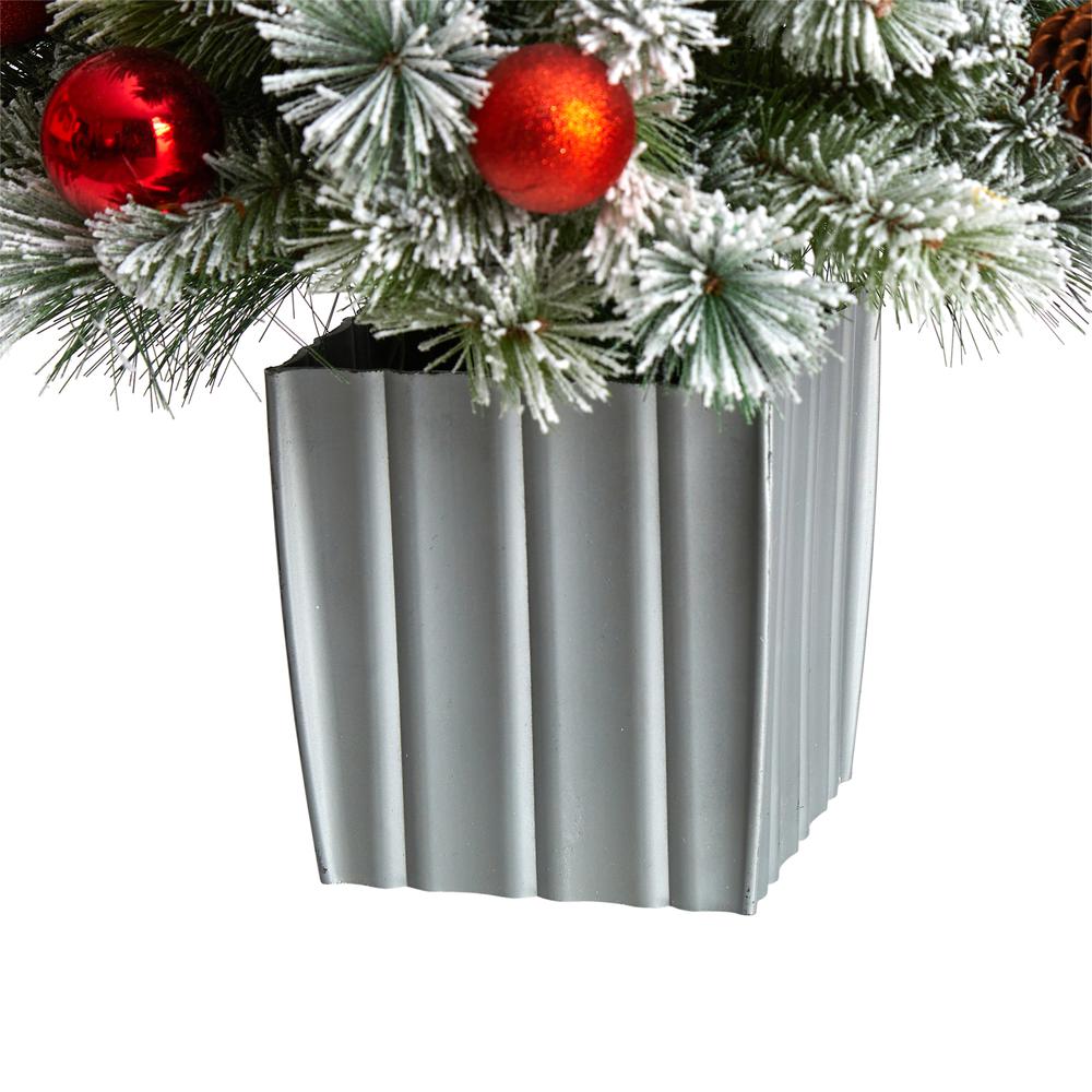 4ft. Winter Flocked Artificial Christmas Tree Pre-Lit with 50 LED Lights and Ornaments in Decorative Planter. Picture 6