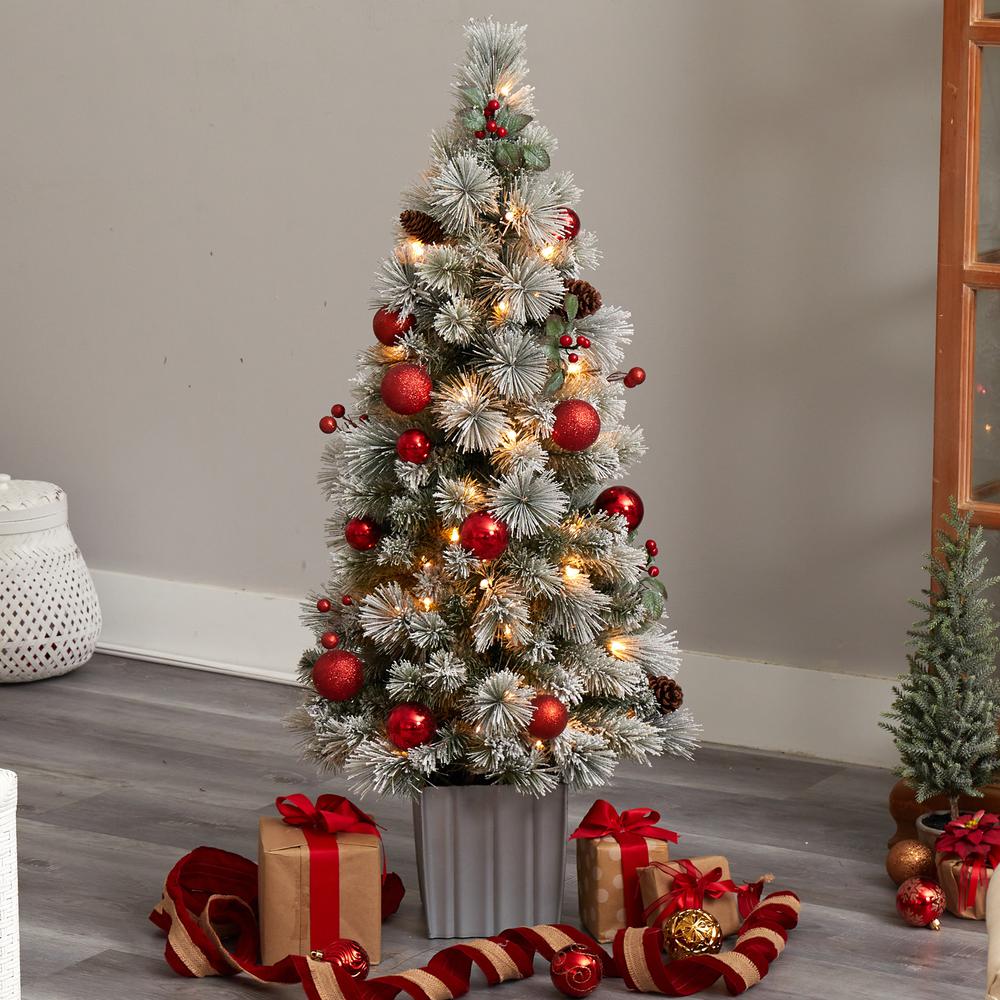 4ft. Winter Flocked Artificial Christmas Tree Pre-Lit with 50 LED Lights and Ornaments in Decorative Planter. Picture 10