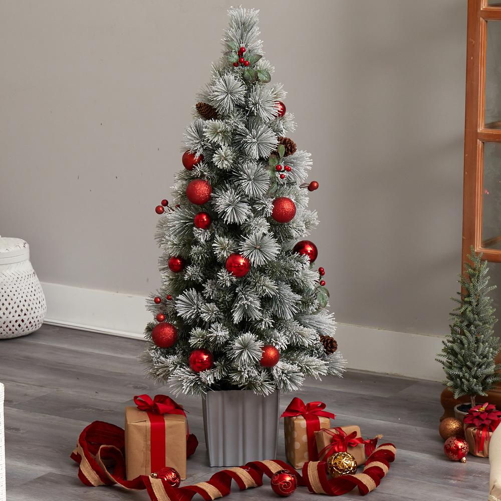 4ft. Winter Flocked Artificial Christmas Tree Pre-Lit with 50 LED Lights and Ornaments in Decorative Planter. Picture 7