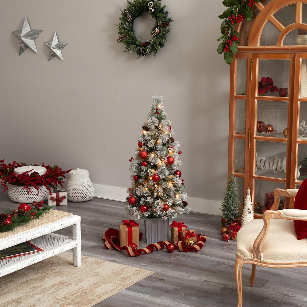 4ft. Winter Flocked Artificial Christmas Tree Pre-Lit with 50 LED Lights and Ornaments in Decorative Planter. Picture 8