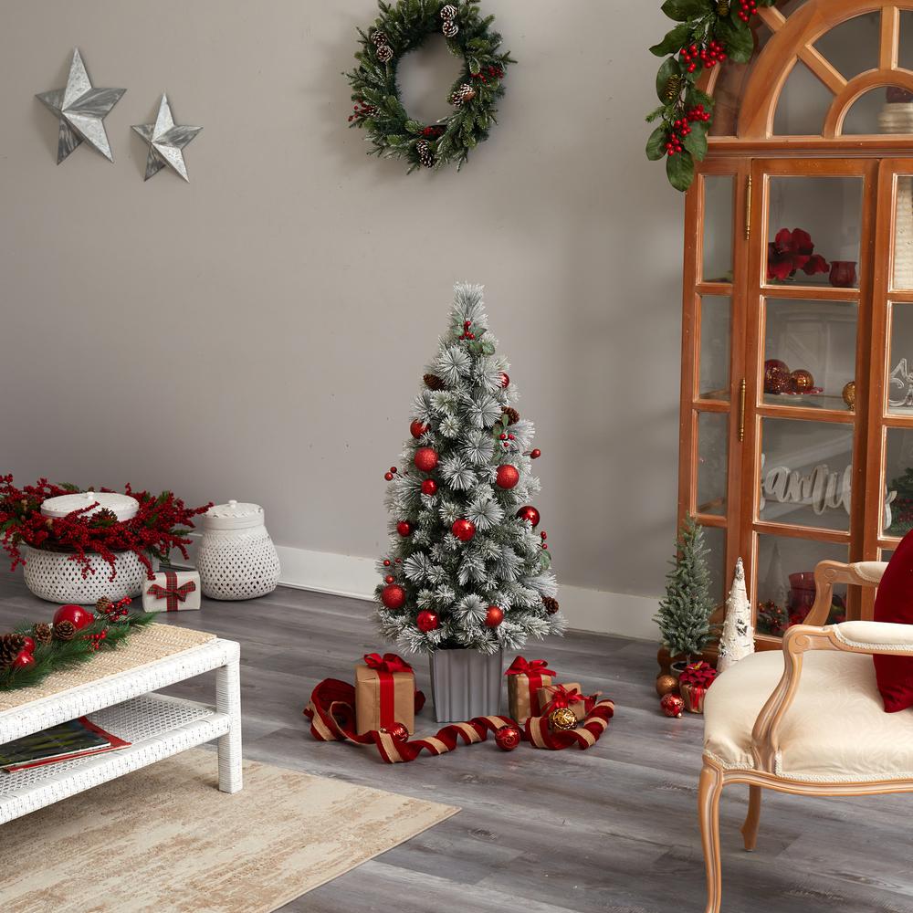 4ft. Winter Flocked Artificial Christmas Tree Pre-Lit with 50 LED Lights and Ornaments in Decorative Planter. Picture 9
