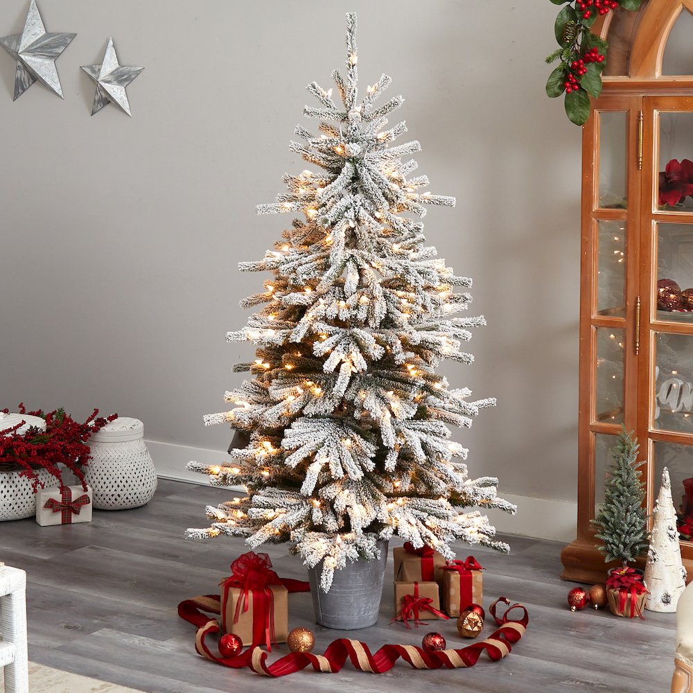 6ft. Flocked Long Vermont Pine Christmas Tree and 250 LEDs in Decorative Planter. Picture 7